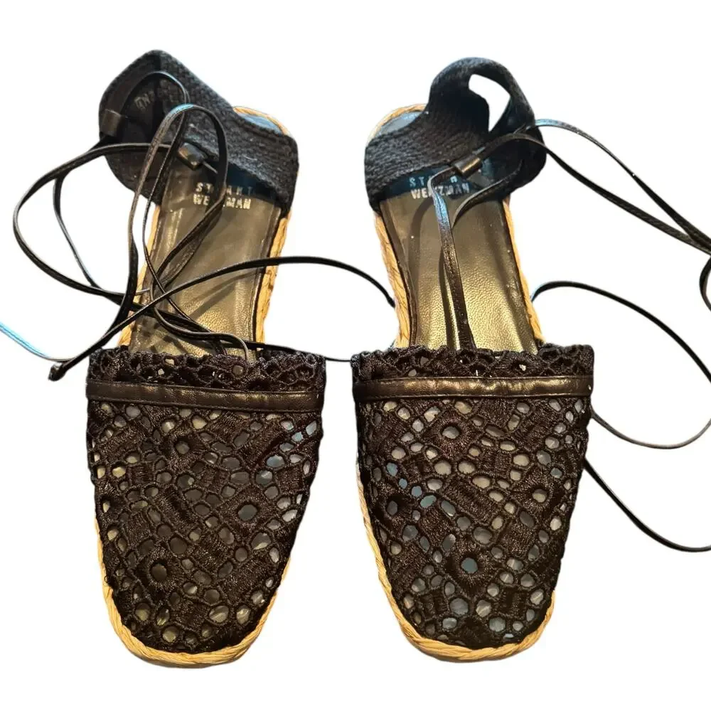 Stuart Weitzman Size 8 Black Lace Gladiator Lace Up Espadrille Shoes